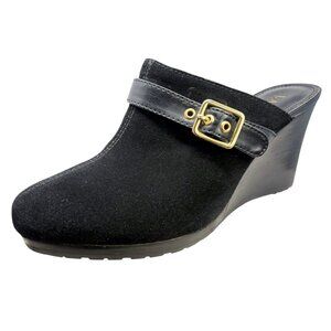 Lauren Ralph Lauren‎ Yassinia Black Suede Buckle Accent Wedge Mules